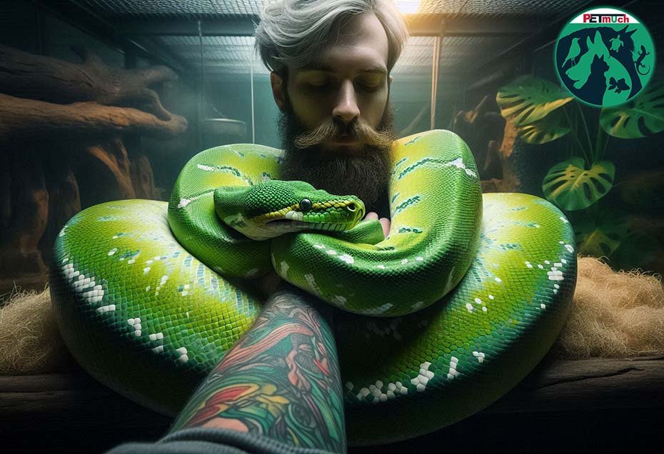 Green Tree Python with owner